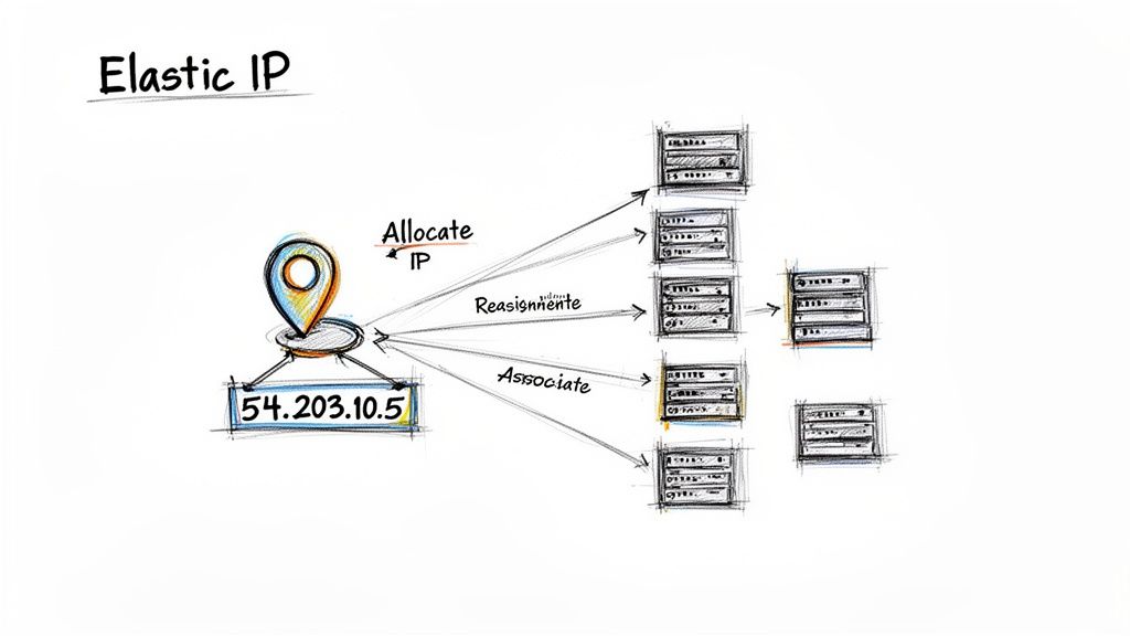 Diagram illustrating Elastic IP address allocation, re-assignment, and association with multiple server instances.