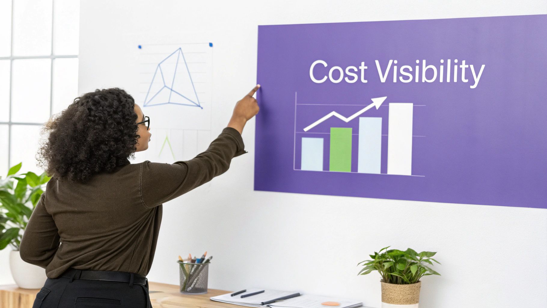 A woman in glasses pointing to a 'Cost Visibility' poster with a bar graph showing an upward trend.