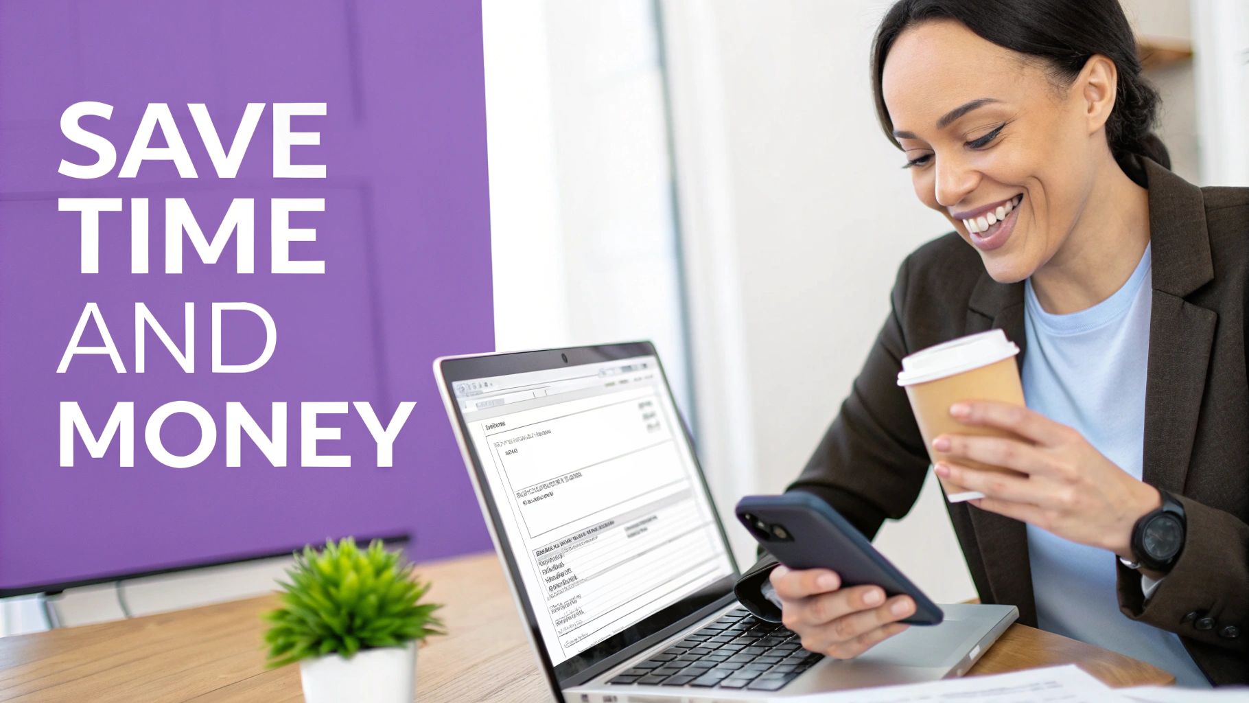 A smiling woman efficiently manages tasks on her laptop and phone, saving time and money.