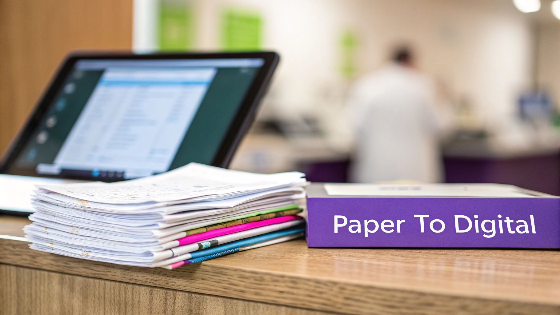 A stack of papers next to a purple box labeled 'Paper To Digital' and a laptop on a desk.