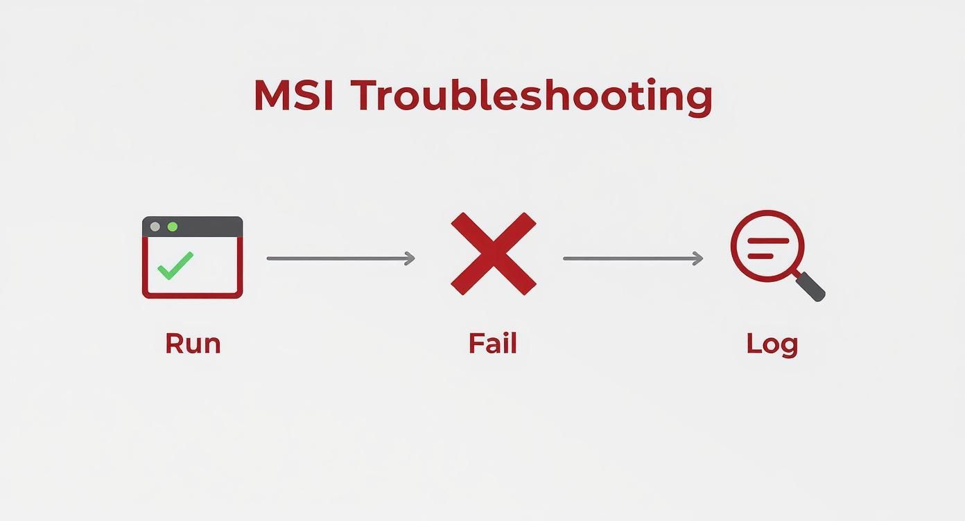 A flowchart illustrating MSI troubleshooting steps: 'Run' (with a checkmark), leading to 'Fail' (red X), then to 'Log' (magnifying glass icon).