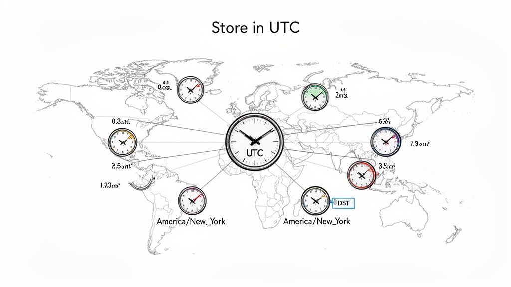 World map showing a central UTC clock connected to various local time zone clocks, illustrating global time conversion.