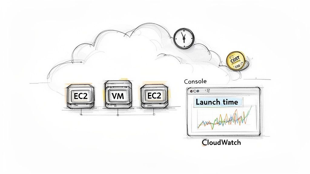 Cloud diagram illustrating EC2 and VM instances, CloudWatch metrics for launch time, and cost.