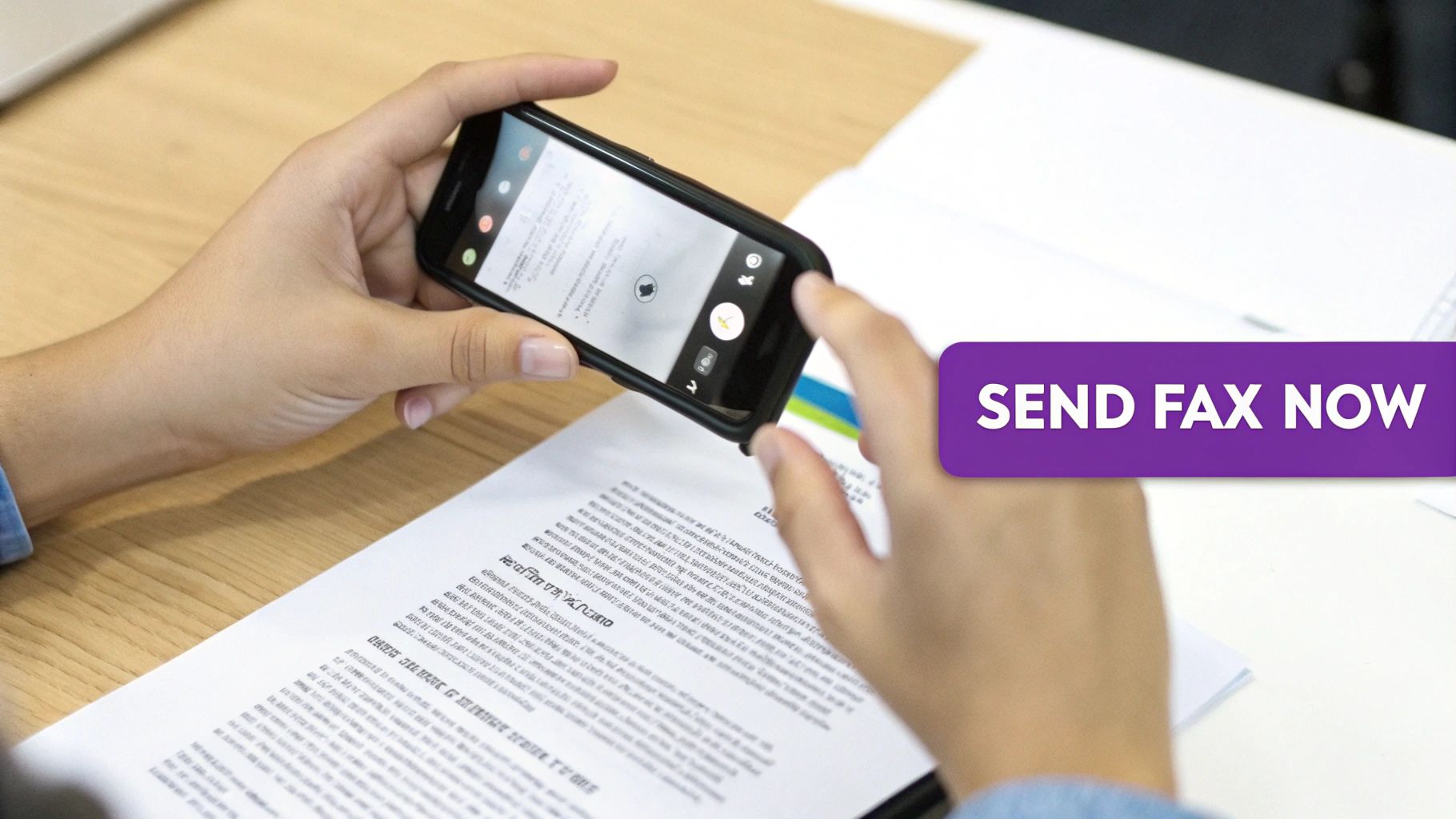 Hands hold a smartphone scanning a document on a desk, next to a 'SEND FAX NOW' button.