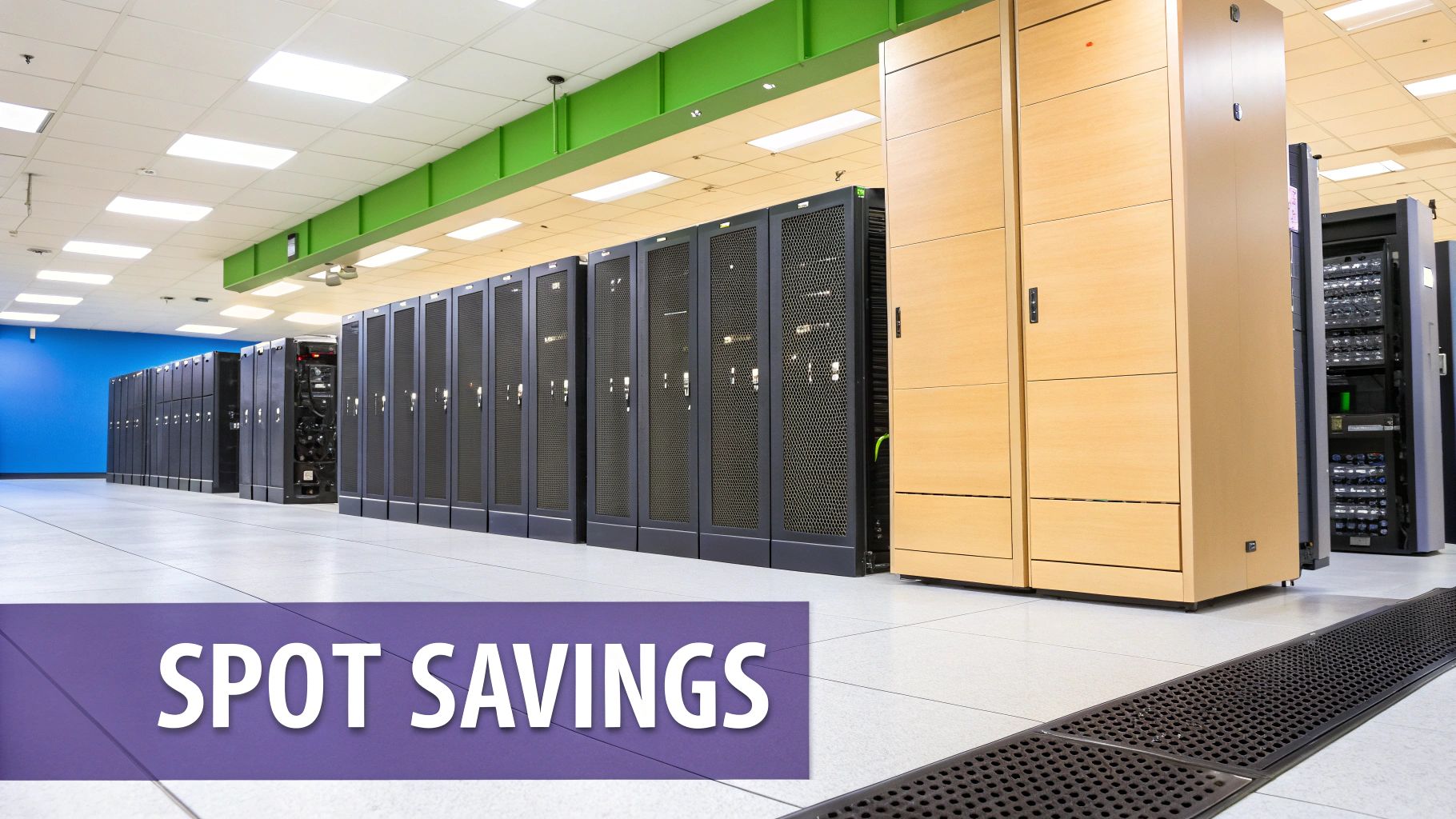 Rows of server racks and equipment in a large, modern data center environment.