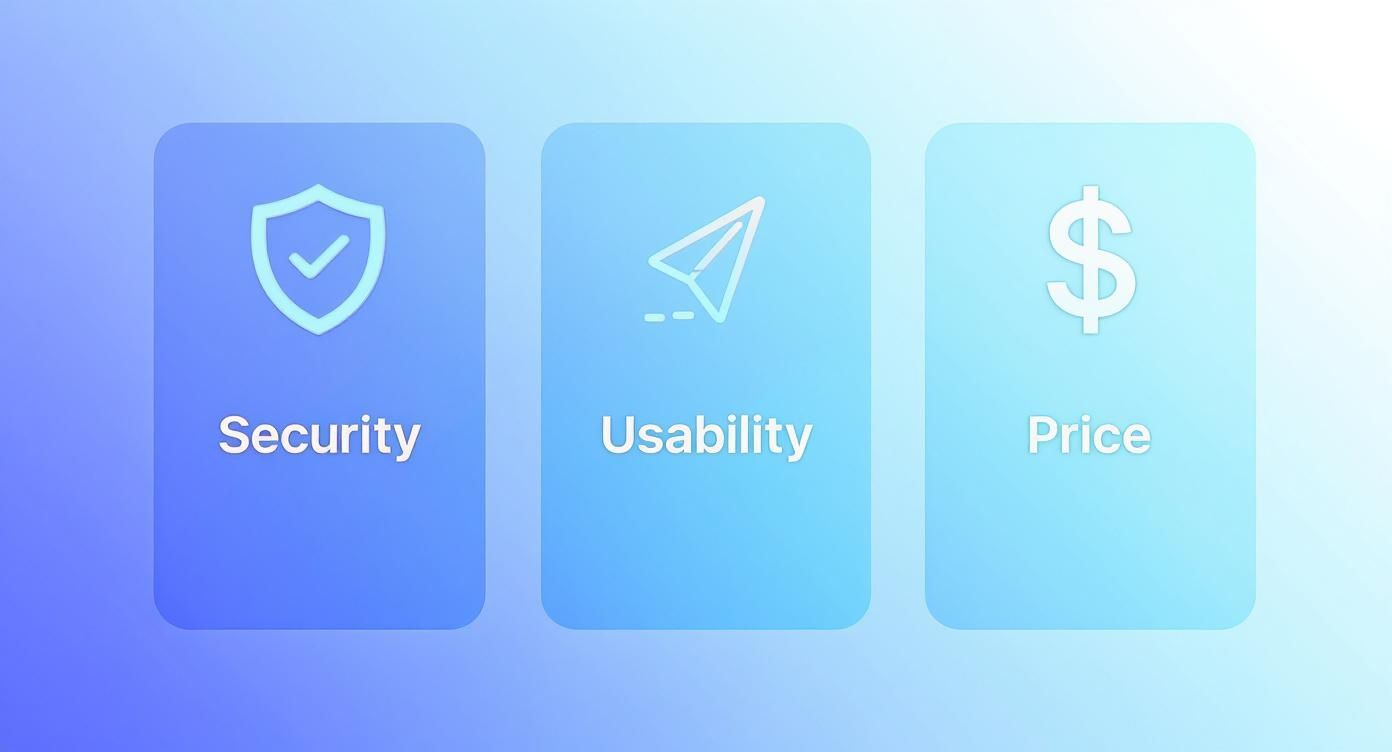 Three cards illustrating key evaluation factors: security (shield), usability (paper airplane), and price (dollar sign).