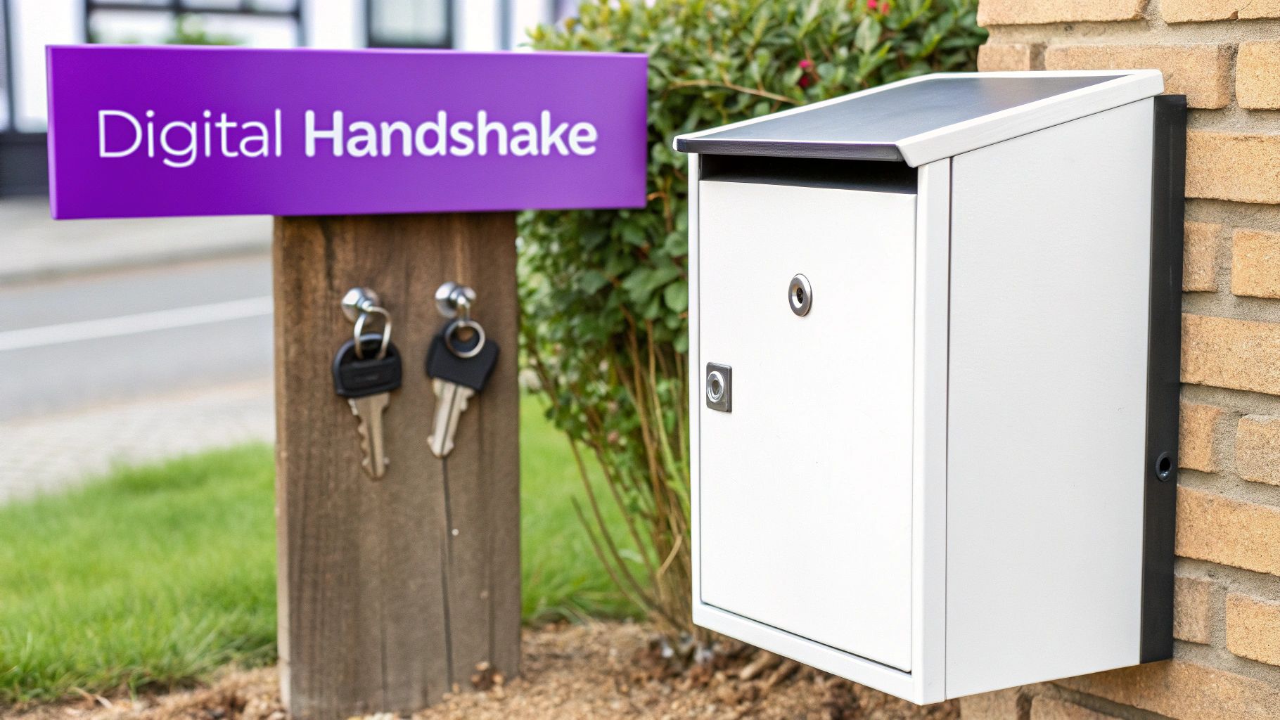 A purple sign saying "Digital Handshake" on a wooden post with keys, next to a white mailbox.