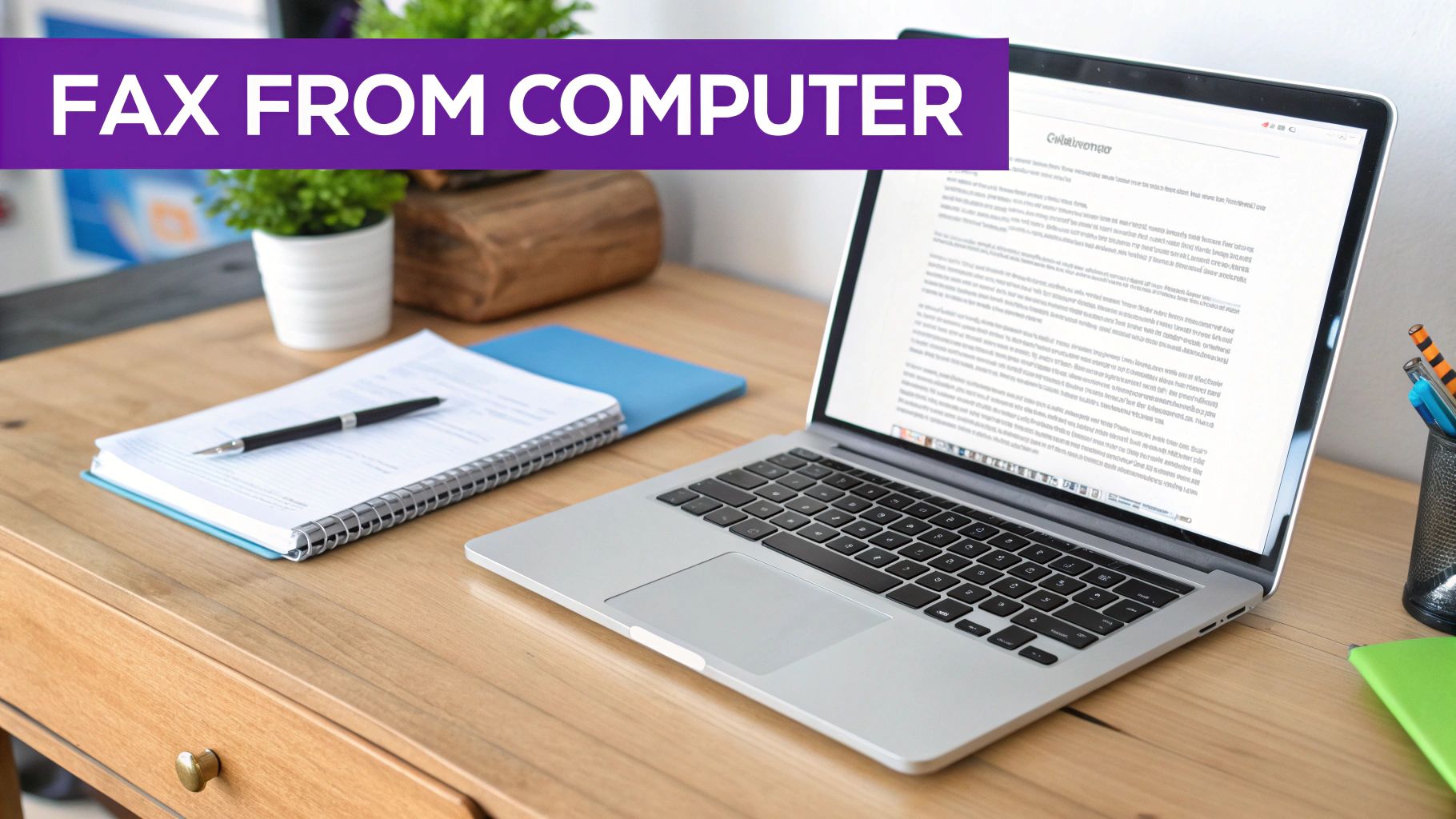 Laptop computer displaying document on wooden desk with notebook and pen for sending fax