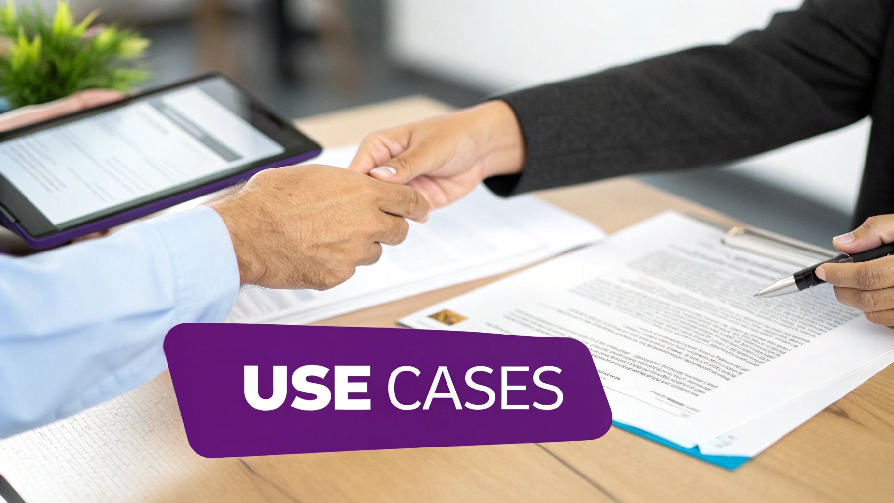 Two professionals collaborate at a desk, reviewing documents and a tablet, with 'USE CASES' text.