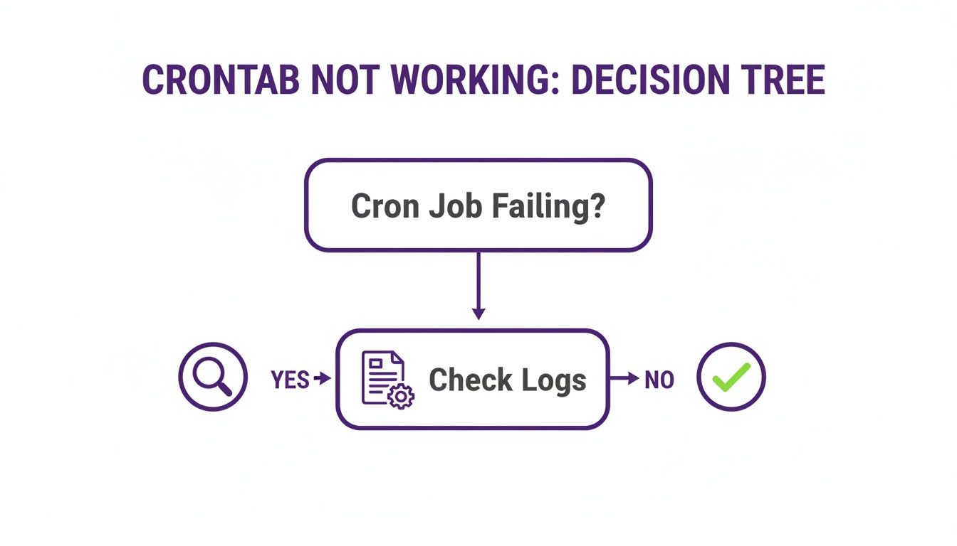 Decision tree flowchart troubleshooting a cron job not working, guiding users to check logs if failing.