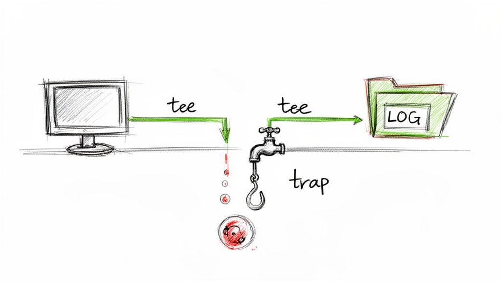 Diagram illustrating bash script commands tee and trap for data flow and logging.