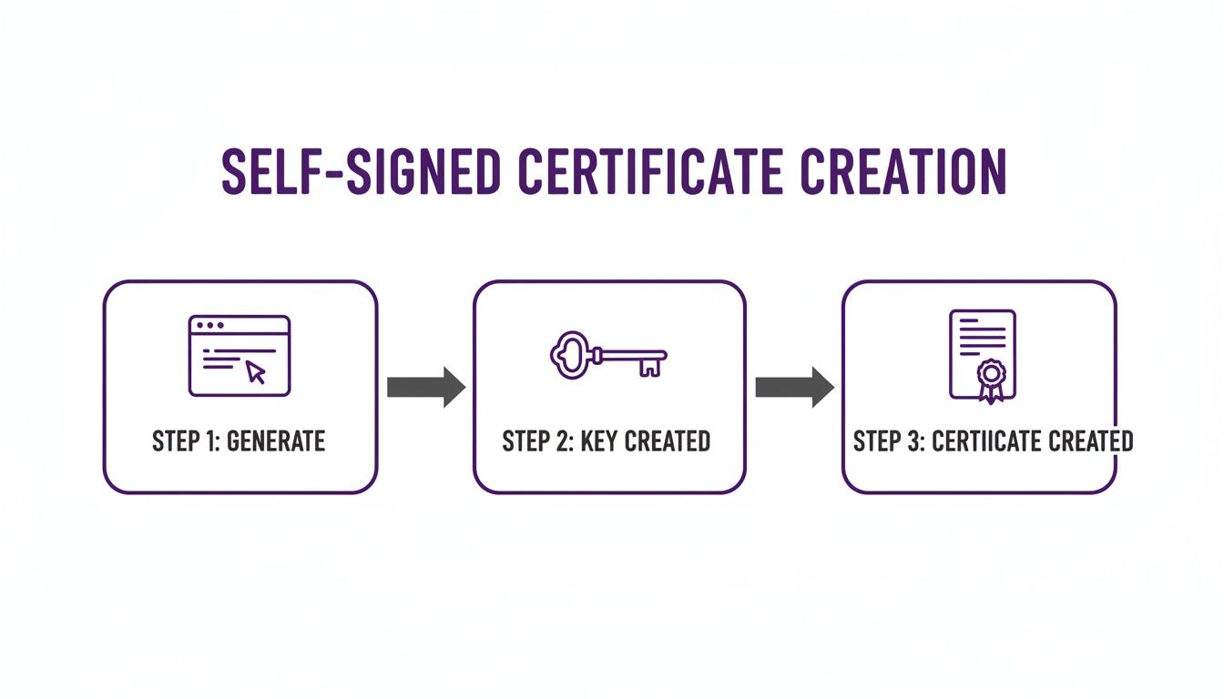 Flowchart showing three steps for self-signed certificate creation: generate, key created, and certificate created.