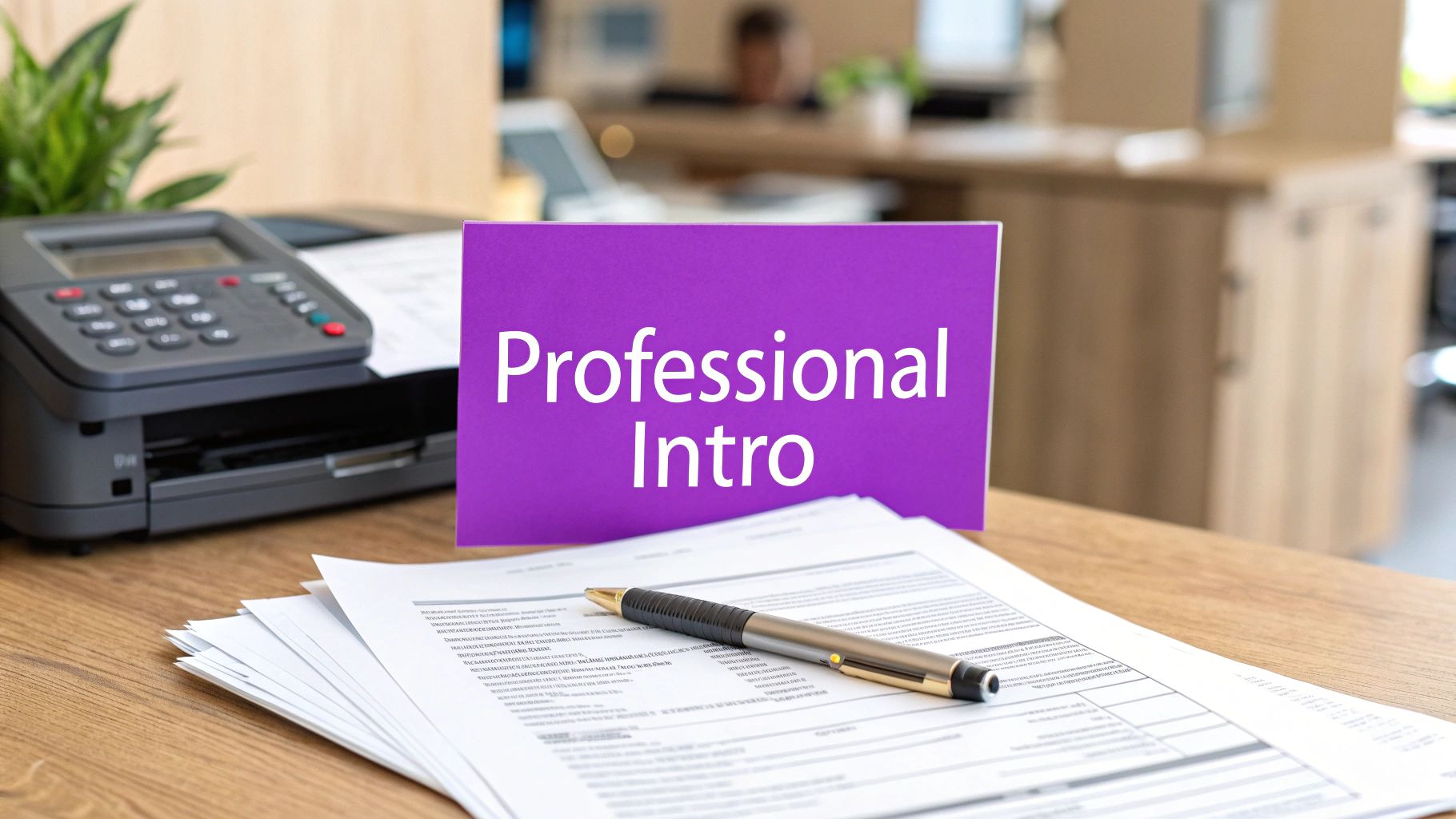 A professional office desk with a printer-fax machine, documents, a pen, and a purple sign displaying 'Professional Intro'.