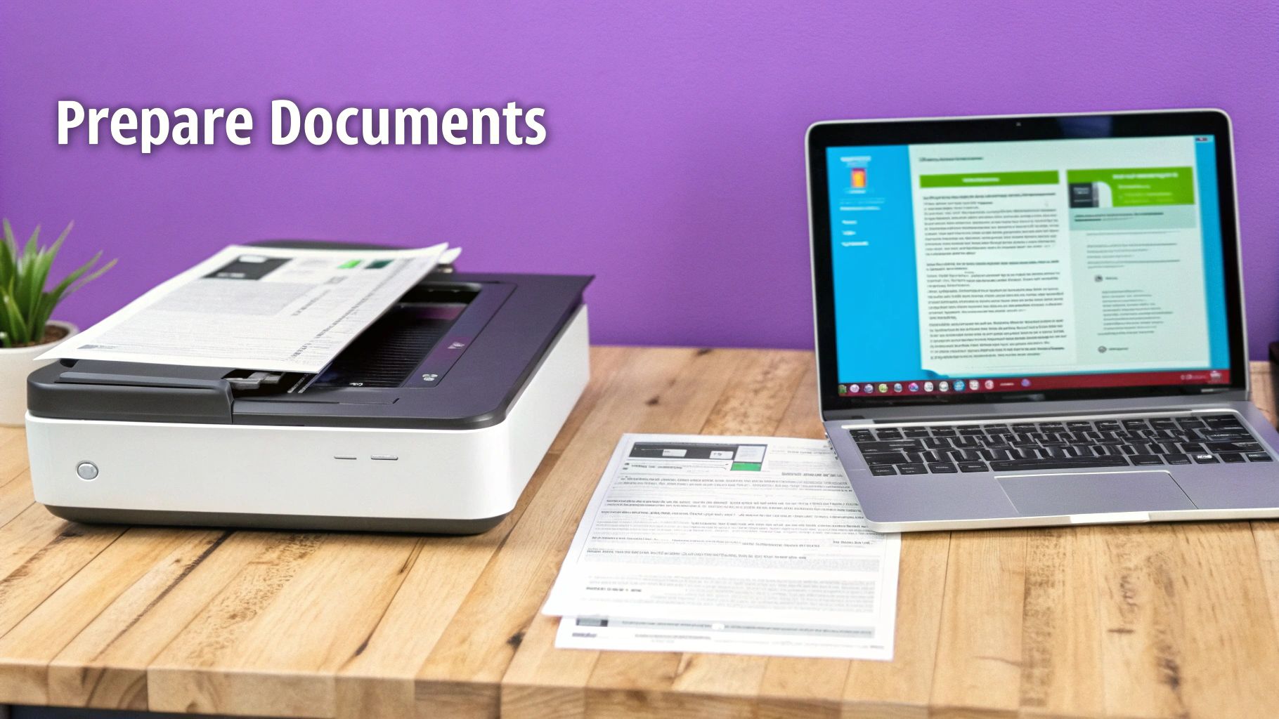 A document scanner with papers, a laptop displaying a document, and more papers on a wooden desk.