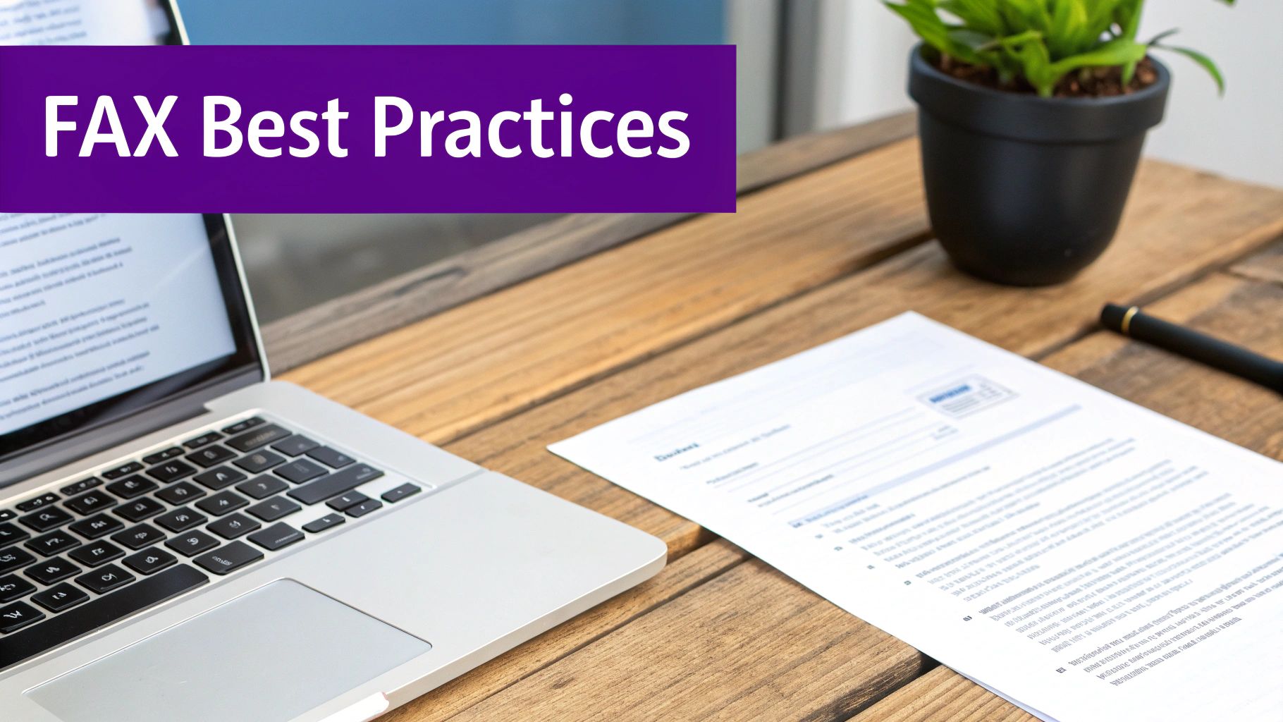 A laptop and documents on a wooden desk with a 'FAX Best Practices' banner.