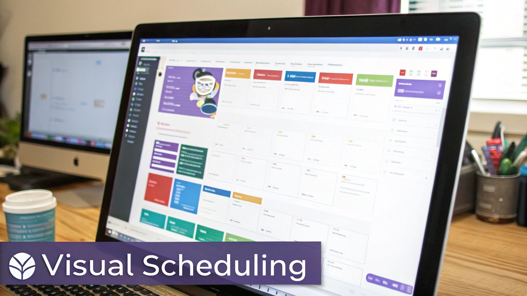 A laptop screen showing a colorful visual scheduling application with a dashboard layout and a cartoon character.