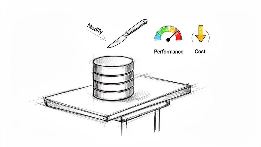 Diagram illustrating database modification, leading to reduced performance and lower operational cost.
