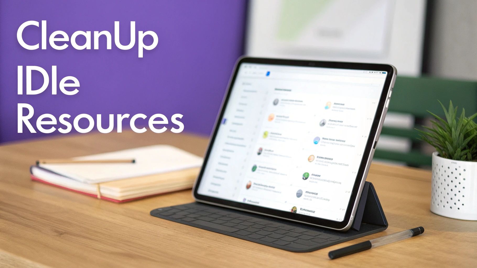 A clean workspace featuring a tablet displaying data, keyboard, notebook, pen, and a potted plant ></p>
<p>A structured, automated, and communicative approach is key to successfully cleaning up idle resources. First, establish specific, measurable definitions for what constitutes an unused resource (e.g., an EC2 instance with near-zero CPU for 30 days). Next, implement a phased cleanup workflow: <strong>Identify & Tag</strong> -> <strong>Notify Owners</strong> -> <strong>Deprecate (Stop)</strong> -> <strong>Delete</strong> after a grace period. Avoid immediate deletion to mitigate risk. Finally, automate this entire process. Use tools like AWS Trusted Advisor to identify idle assets and leverage automation scripts to execute the tagging, notification, and eventual deletion, making cleanup a consistent and low-effort practice. For an in-depth guide to automating resource management, you can <a href=