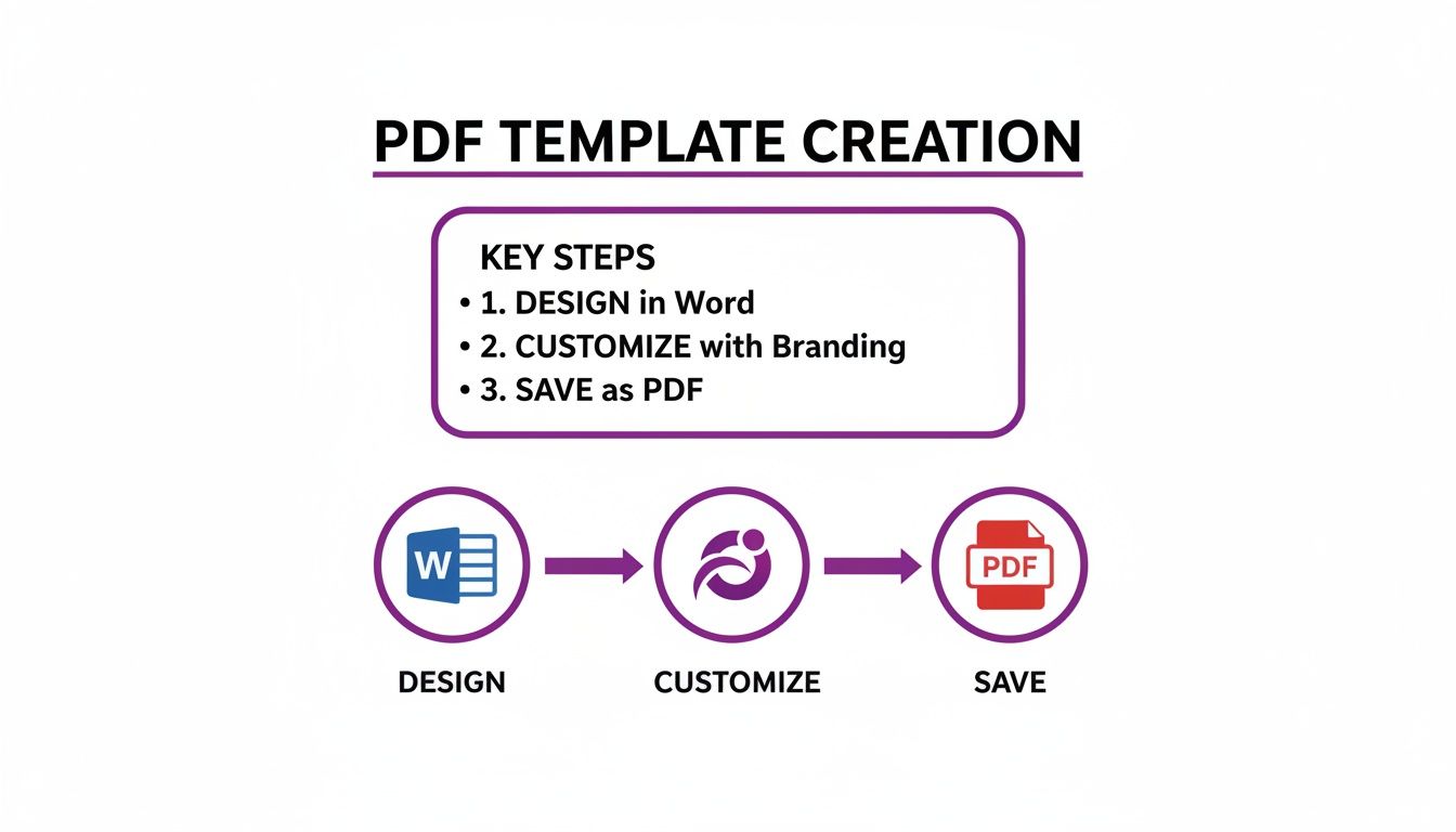 Diagram illustrating the three key steps for PDF template creation: design in Word, customize with branding, and save as PDF.