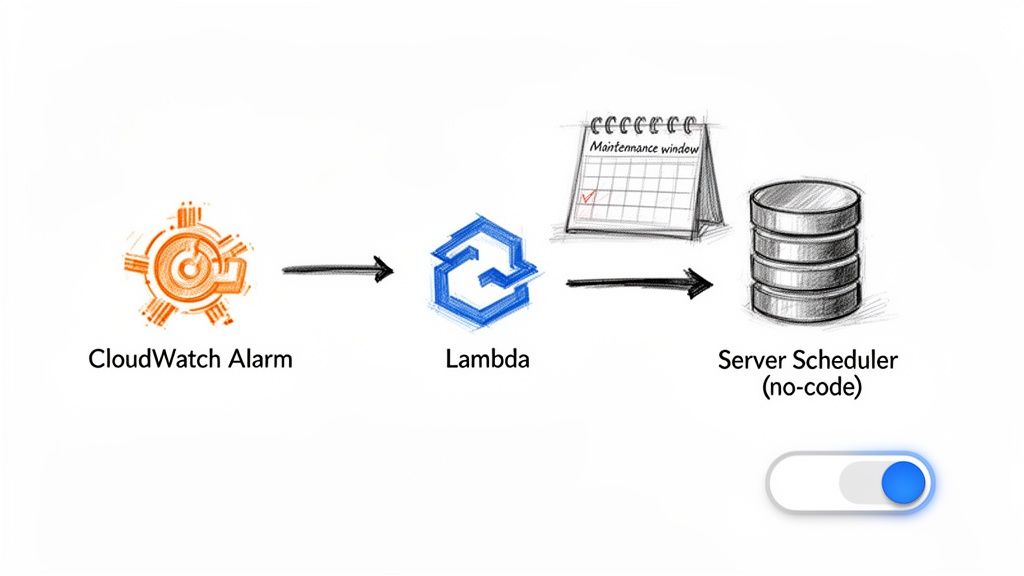 A workflow diagram illustrating CloudWatch Alarm triggering Lambda to manage Server Scheduler for maintenance.