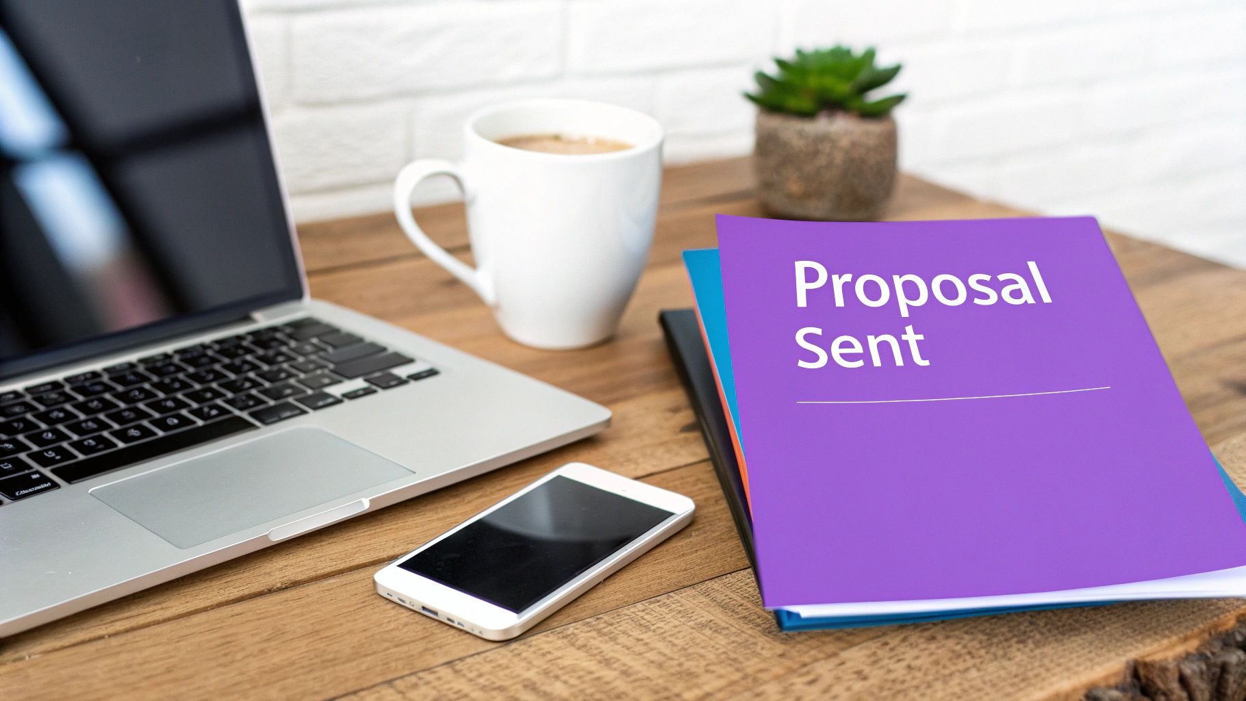 A professional work desk featuring a laptop, smartphone, coffee mug, and a purple folder labeled 'Proposal Sent'.