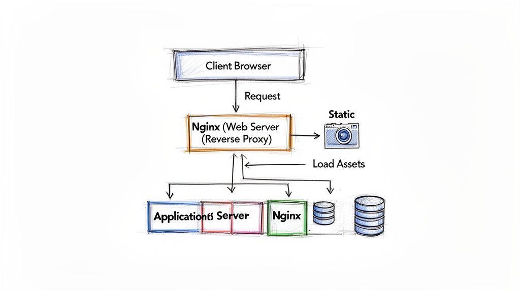 Web server architecture diagram featuring Nginx as a reverse proxy handling requests, static assets, application servers, and databases.