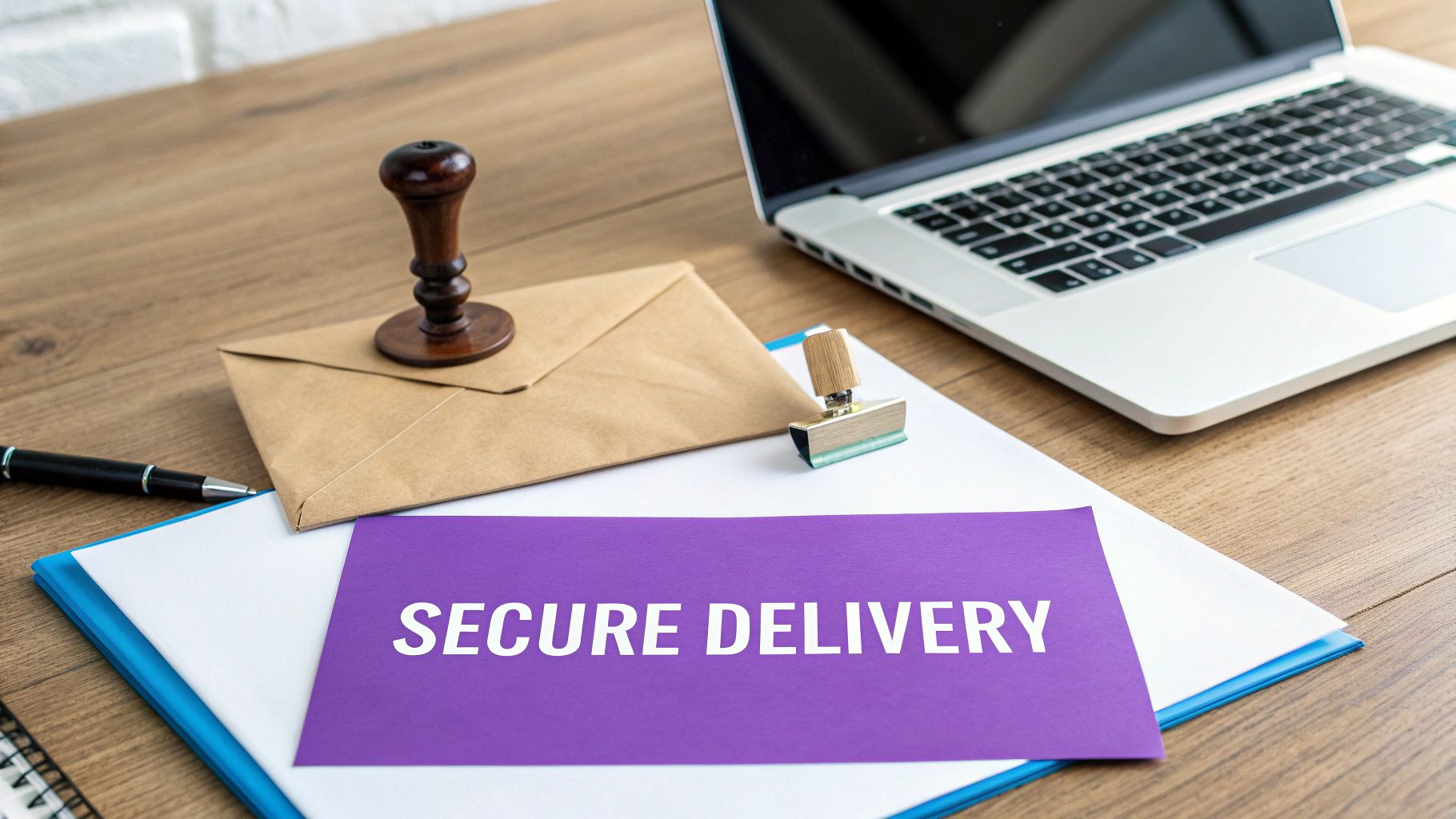 A wooden desk with a laptop, an envelope, stamps, and a purple paper saying 'Secure Delivery'.