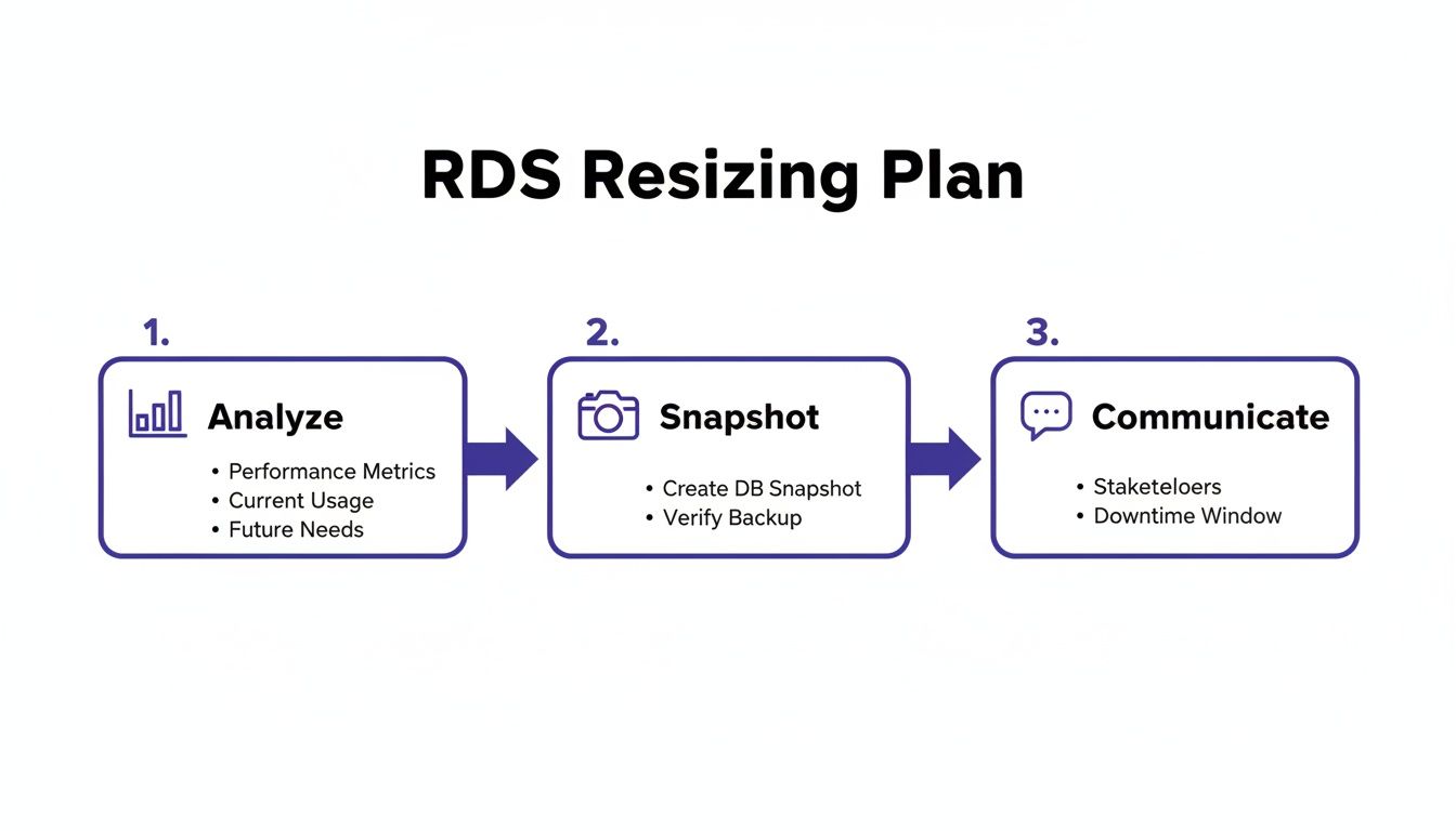 A three-step plan for resizing an RDS instance, covering analysis, snapshot, and communication.
