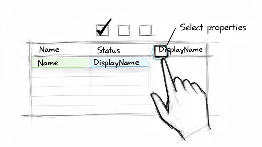 A sketch shows a hand pointing to the 'DisplayName' column header in a table to 'Select properties'.