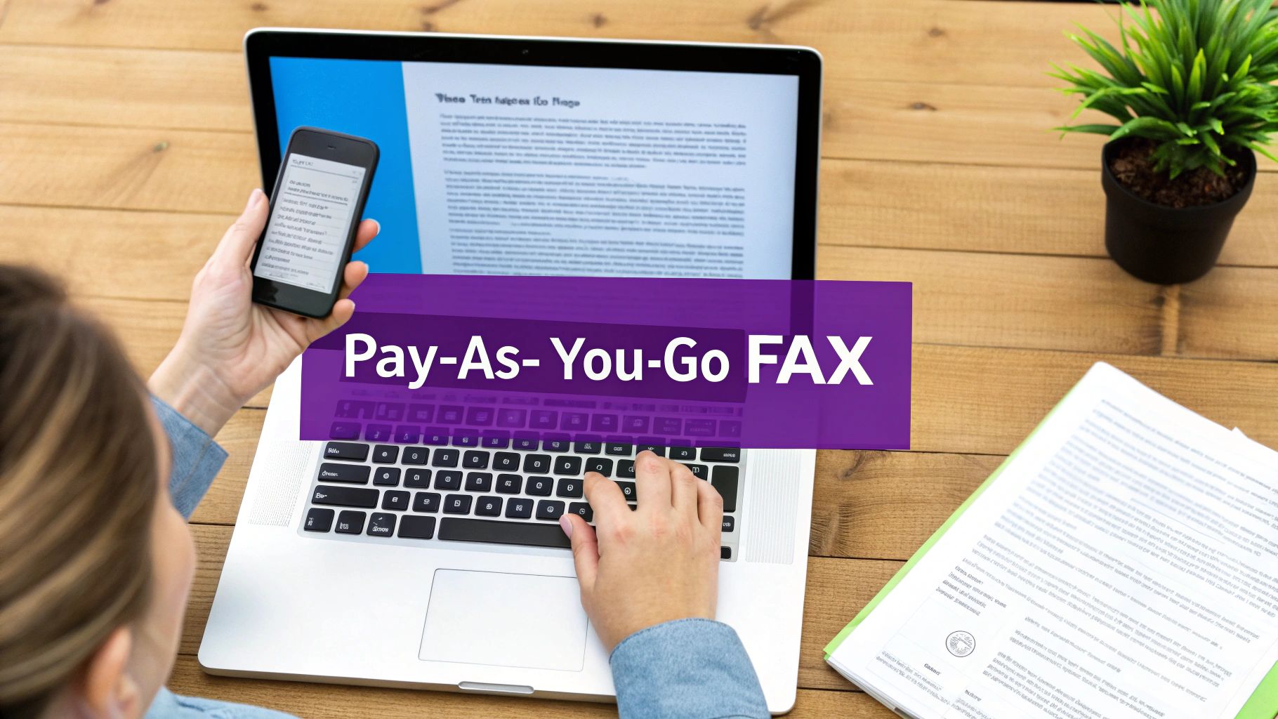 A person sending a document from a laptop, symbolizing the ease of online faxing.