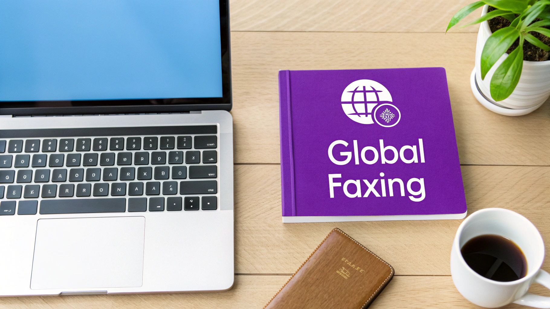 A top-down view of a desk with a laptop, 'Global Faxing' book, coffee, and plant.