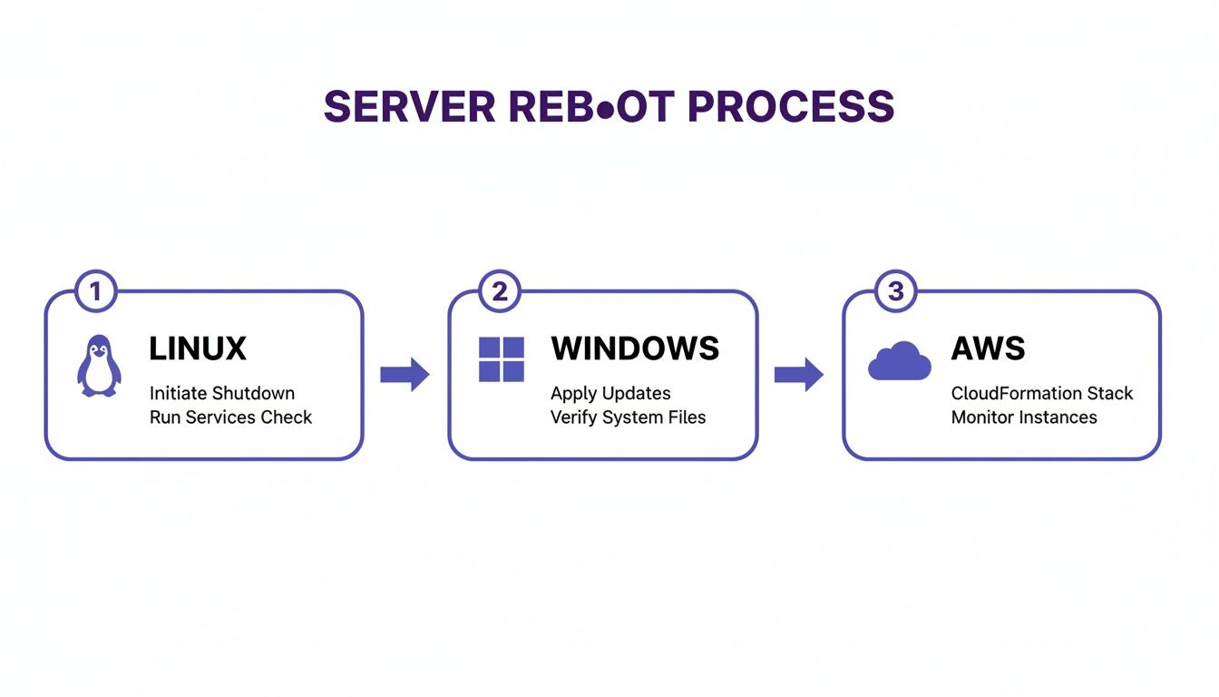 Diagram illustrating the server reboot process across Linux, Windows, and AWS platforms.