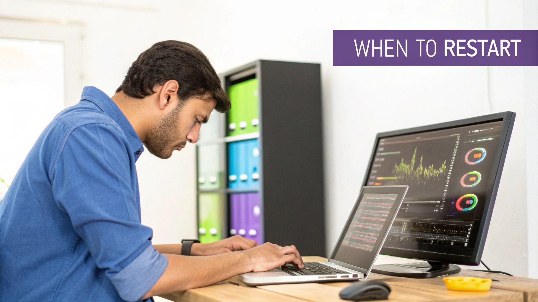 A focused man works ></p>
<p>Several common scenarios justify a reboot from the command line. A classic example is a web server that becomes unresponsive after a flawed deployment. Another frequent culprit is a memory leak in a long-running application, which gradually consumes all available RAM until the system grinds to a halt. In situations like these, simply restarting a service like Nginx or Apache might not be enough if the underlying issue persists. Resource exhaustion is perhaps the most common reason an EC2 instance becomes inaccessible, particularly on smaller instance types. When CPU or memory usage hits 100% and remains there, the server often cannot respond to new connections, including your SSH session.</p>
<blockquote>
<p><strong>Callout:</strong> A full instance reboot should be your go-to solution only when the operating system itself is compromised—think kernel panics, a non-responsive SSH daemon, or severe resource contention that locks you out completely.</p>
</blockquote>
<p>Making the right call is critical. If your application is misbehaving but the server itself is still responsive, you should always attempt to restart the specific service first (e.g., <code>sudo systemctl restart apache2</code>). This approach is far less disruptive than a full system reboot. Before taking any drastic action, ensure your data is secure. A robust backup strategy is non-negotiable. If you need a refresher, our guide on <a href=