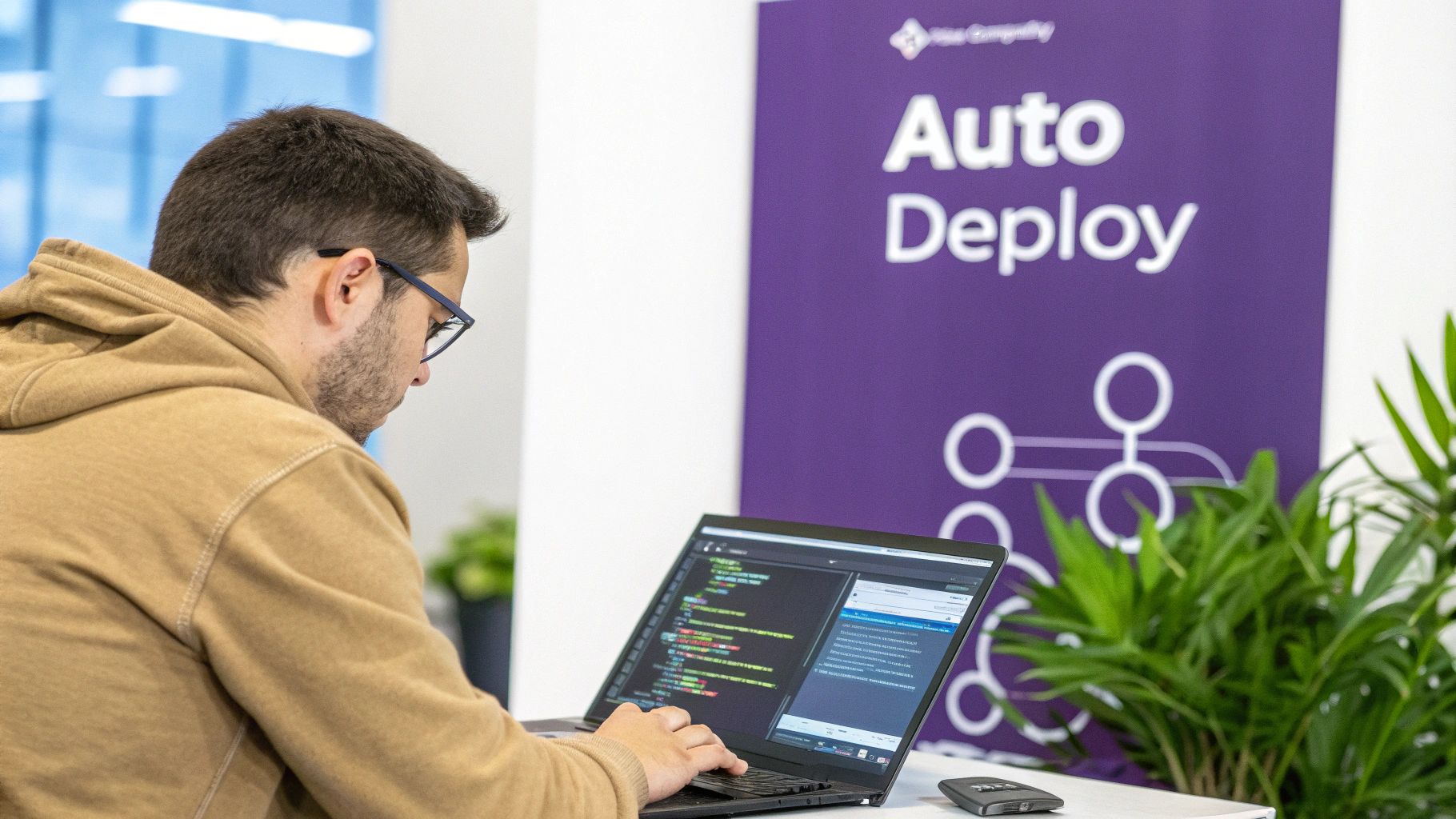 An illustration showing a manual workshop transforming into an automated assembly line, representing the shift to DevOps automation.