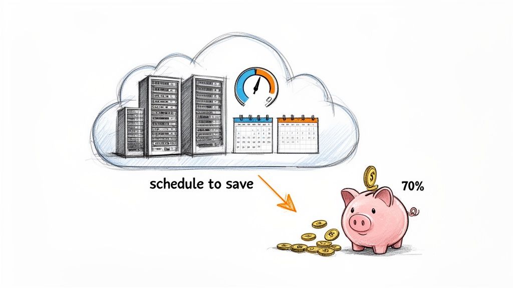 Cartoon showing cloud servers and calendars, emphasizing scheduling to save 70% ></p>
<p>When you adopt a resource-centric scheduling model, the benefits go way beyond just cost savings. It starts to instill a discipline of operational efficiency across the whole engineering organization. By focusing on the lifecycle of the environment rather than just the tasks within it, teams naturally start questioning assumptions about resource allocation and uptime requirements. Making smart choices about <a href=