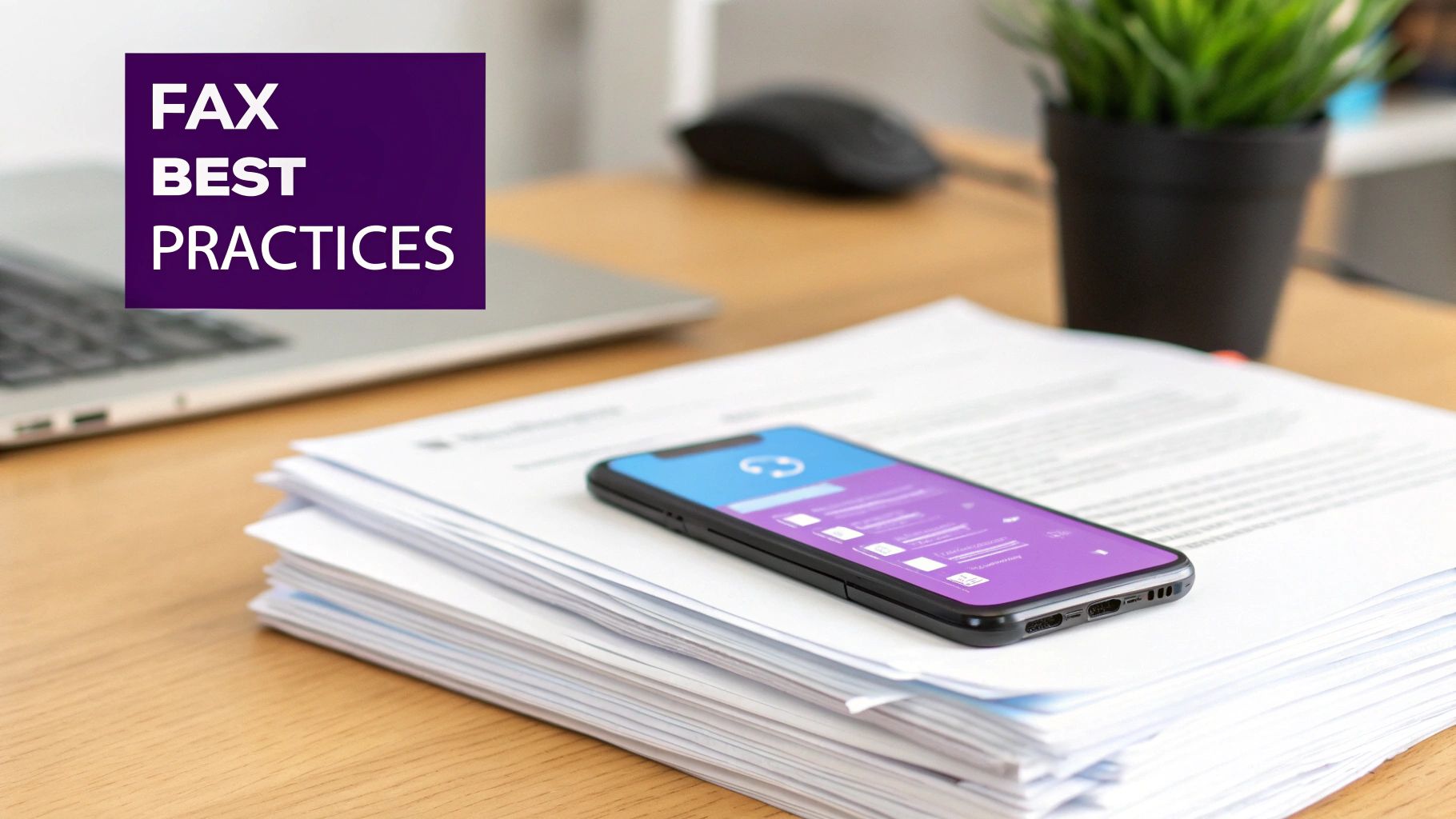 A desk setup with a laptop, documents, and a smartphone displaying a fax app, featuring 'FAX BEST PRACTICES' text.