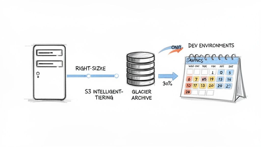 Diagram illustrating AWS cost savings using S3 Intelligent-Tiering and Glacier Archive for development environments.