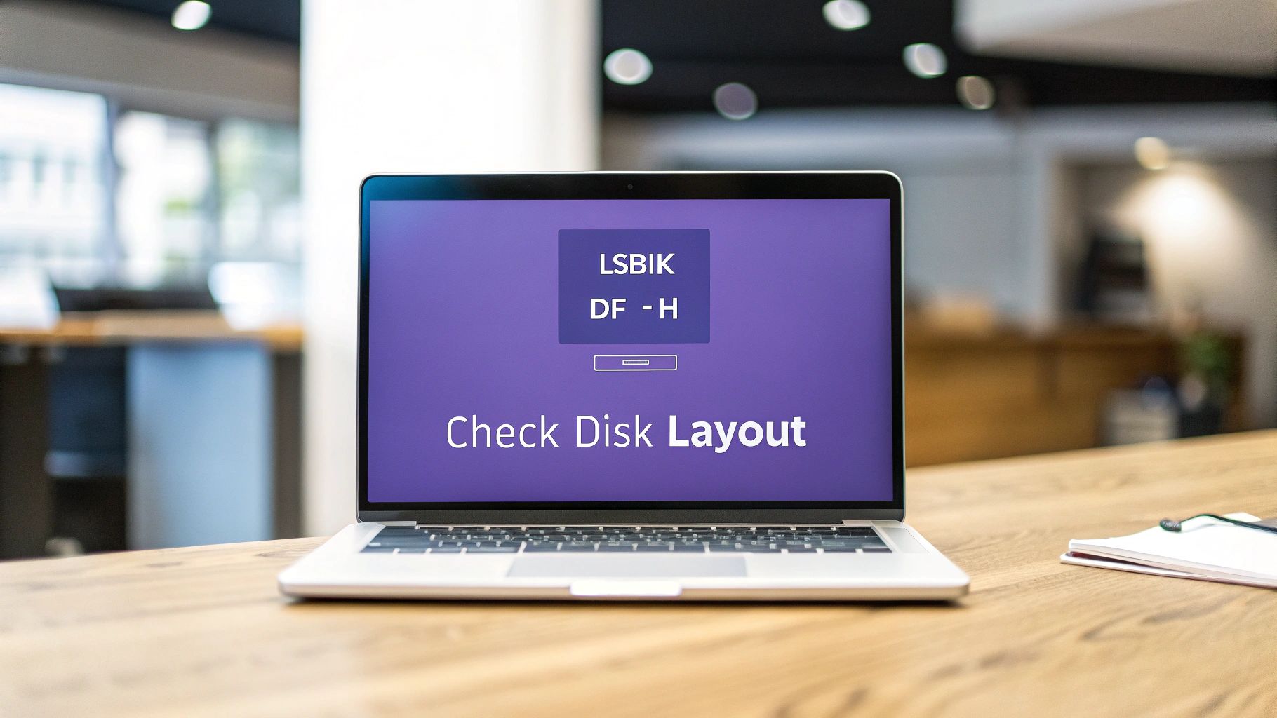 Laptop screen displaying check disk layout error message with LSBIK DF-H command ></p>
<h2 id=