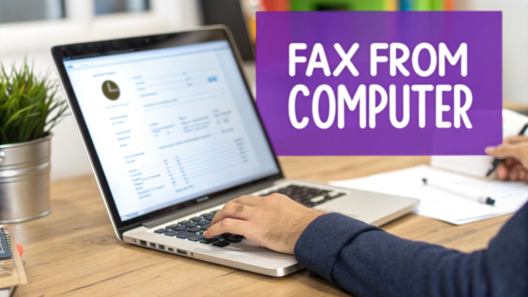 A person sitting at a desk and using a laptop to send an online fax.