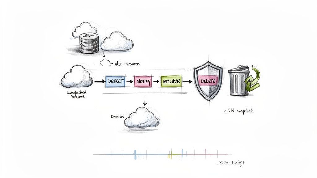 Process diagram for cloud cost management: detect, notify, archive, delete unused volumes, instances, and old snapshots to save.