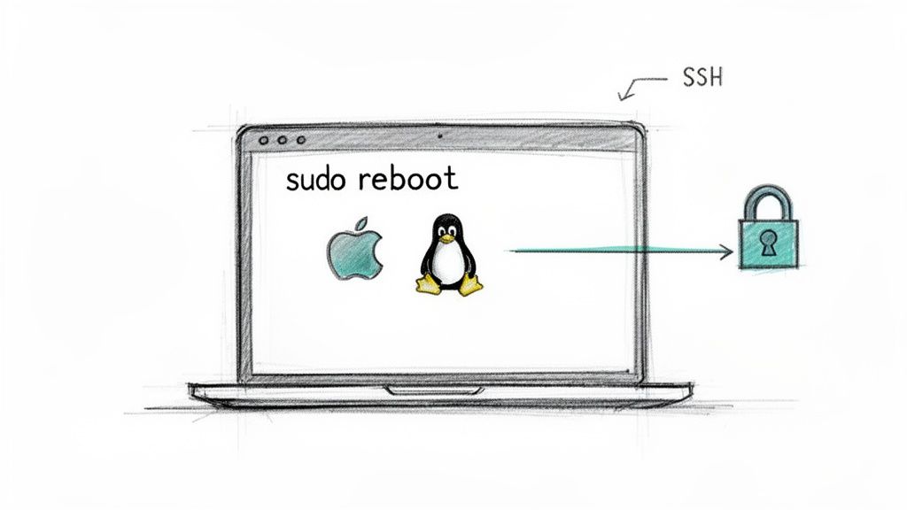 Laptop displaying 'sudo reboot' command, Apple and Linux logos, connected via SSH to a padlock.