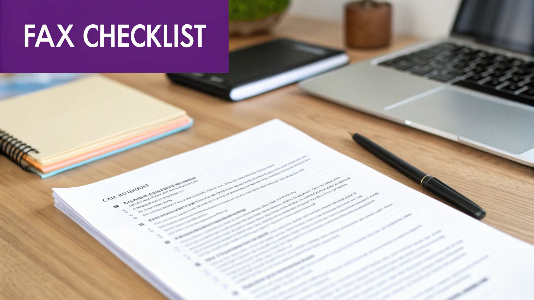 A desk with a purple banner displaying 'FAX CHECKLIST', documents, pen, laptop, and notebook.