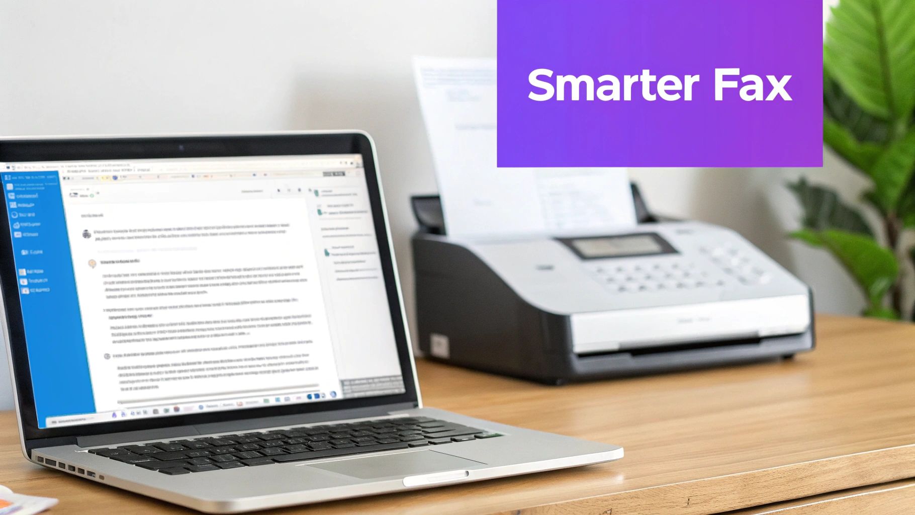 Laptop displaying email application with fax machine on desk for digital faxing setup