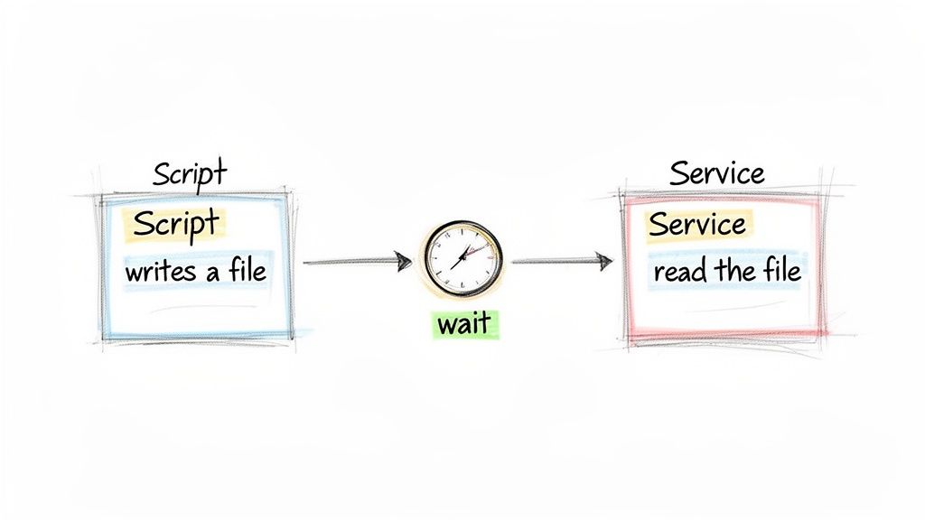 Diagram illustrating a script writing a file, followed by a wait, then a service reading the file.