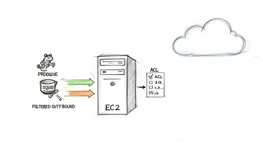 Diagram illustrating PROOUWE and SQUID filtering outbound traffic through EC2 with ACL to the cloud.
