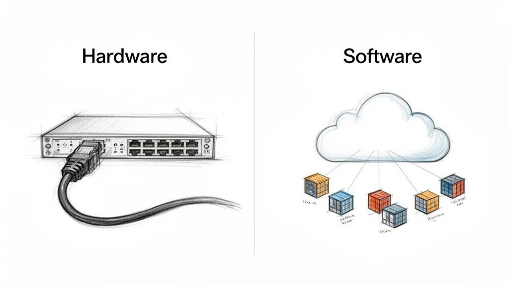 Sketch illustrating hardware like a network switch with an ethernet cable, contrasted with cloud software architecture.