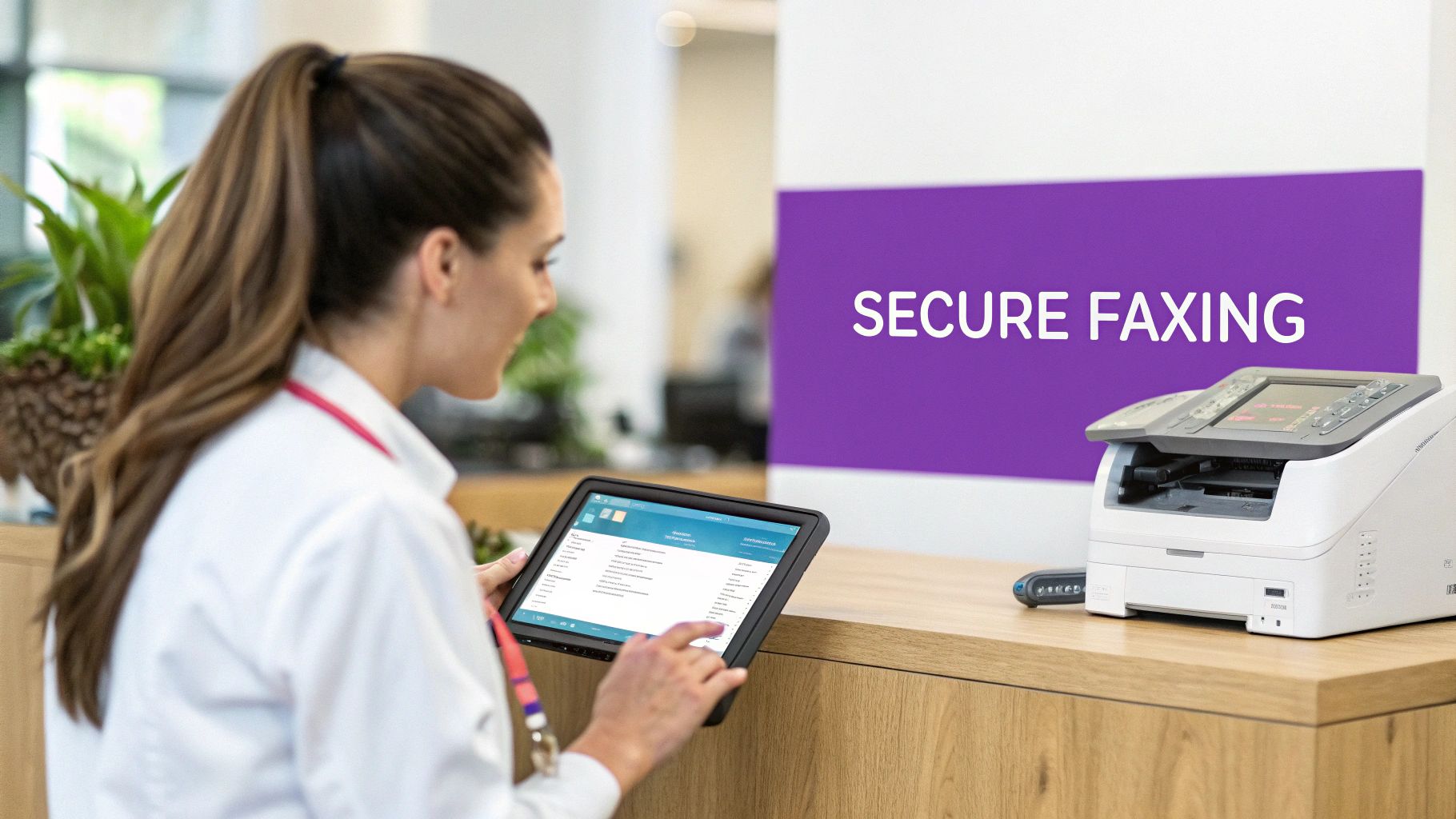 A professional woman uses a tablet in front of a secure faxing sign and a fax machine.