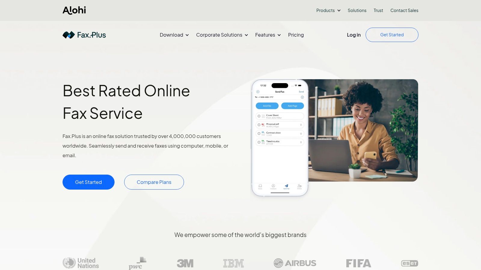 FAX.PLUS interface showing fax transmission options