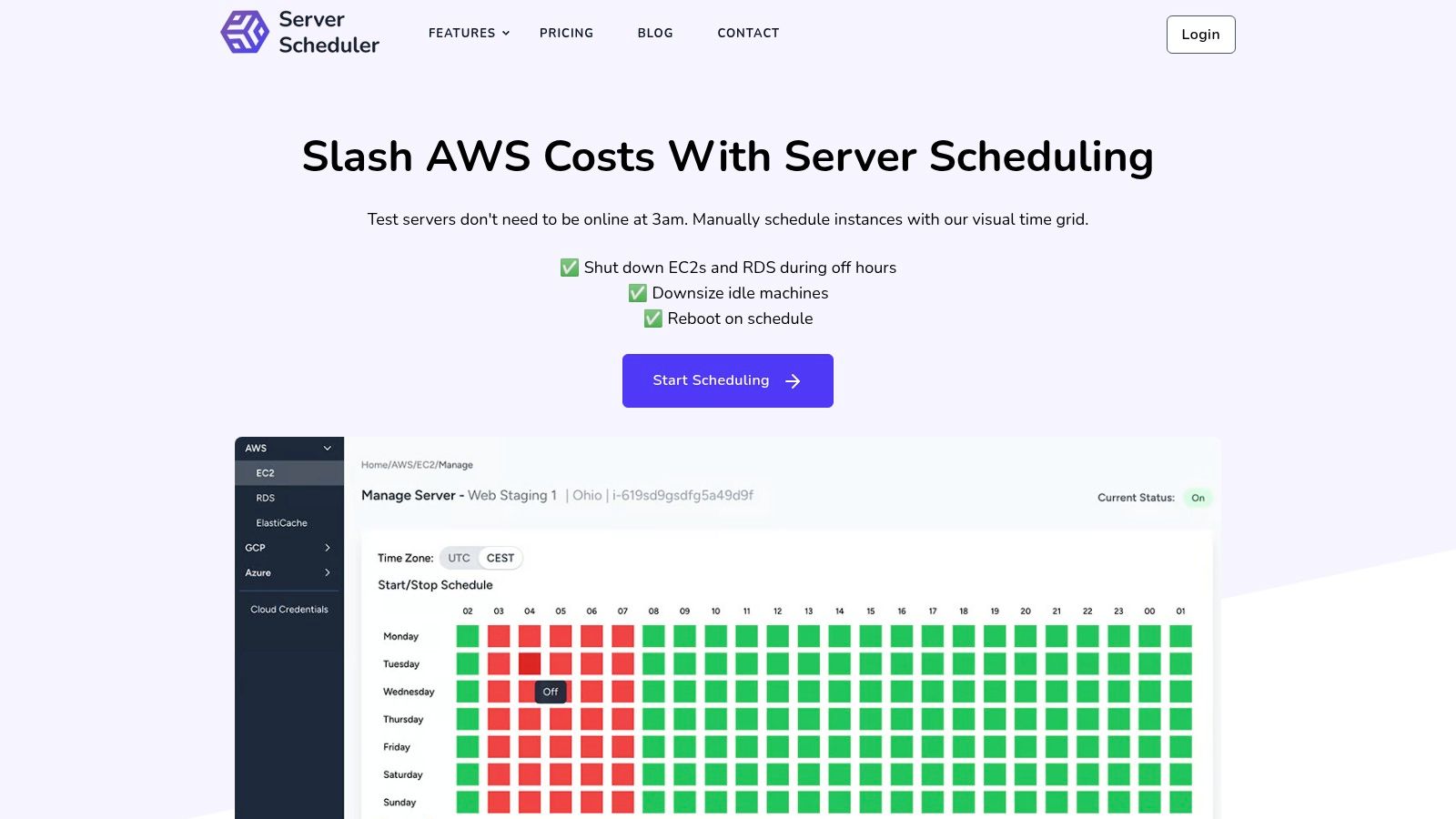 A visual time-grid interface showing scheduled server actions for different times of the day and week in Server Scheduler