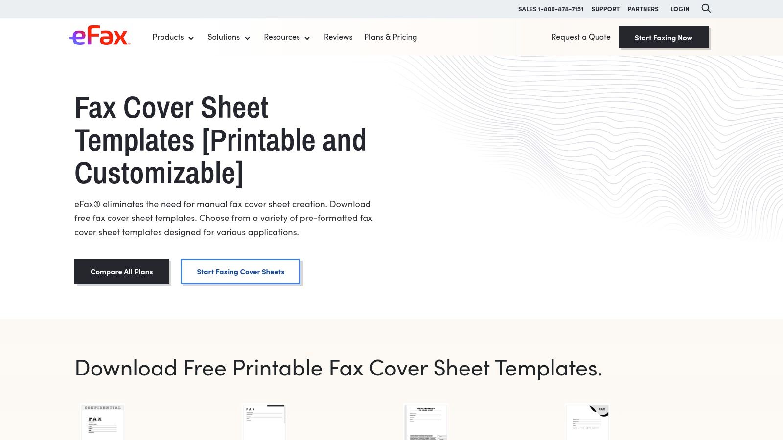 A screenshot of the eFax website showcasing a variety of their free, downloadable fax cover sheet templates, including options for confidential, simple, and personal faxes.